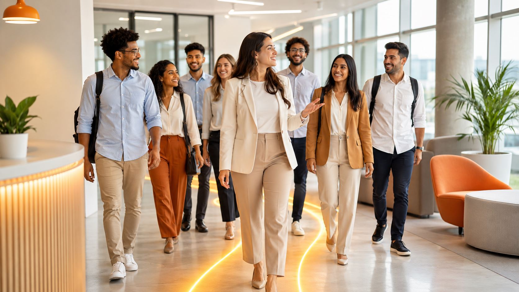 Turma de trainees chegando à empresa em um projeto especial de seleção