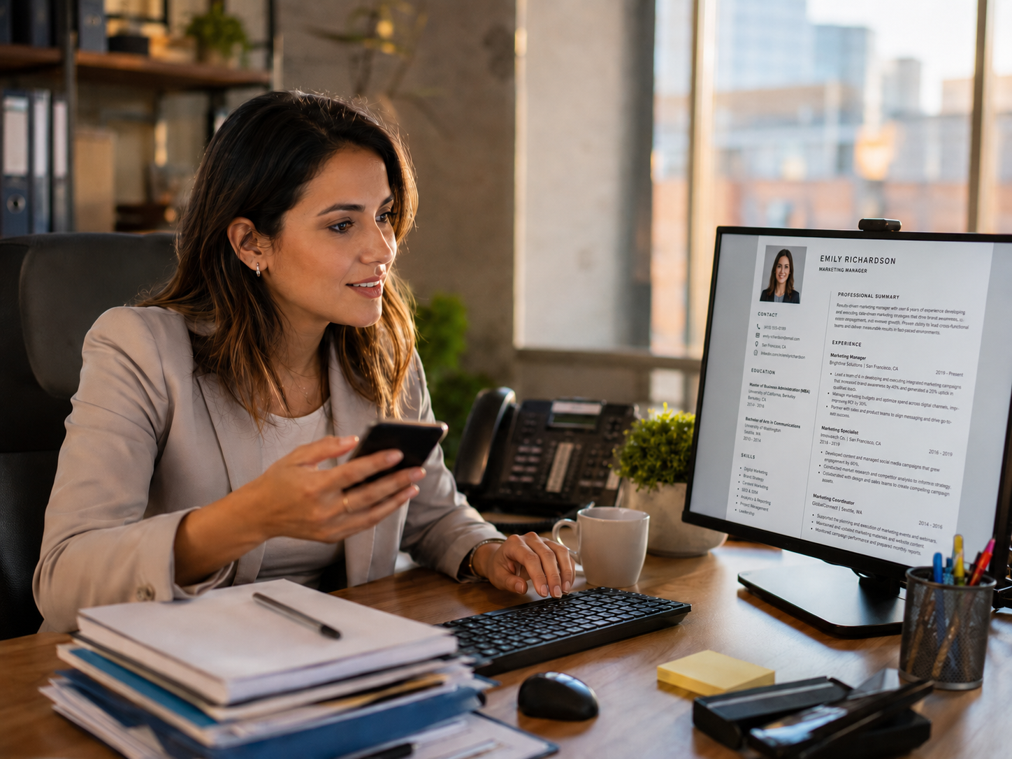 Recrutadora acessando o currículo online no monitor e celular